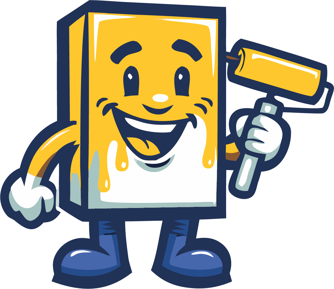 Happy Walls mascot holding a paint roller